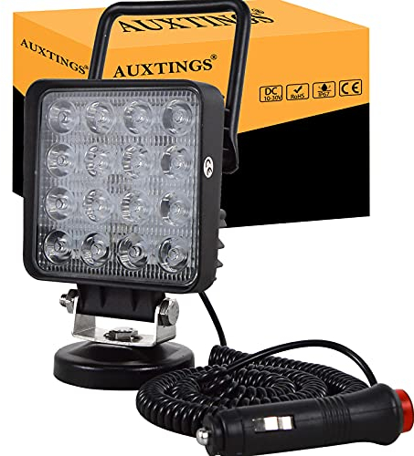 AUXTINGS Tragbares LED-Arbeitslicht 10.5 cm 48W quadratisch Offroad-Spot Zigarettenanzünder Schalter mit Magnetfuß Halterung für Auto SUV Anhänger Traktor LKW Engineering Wartung Camping