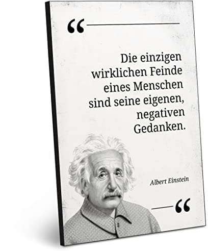 ARTFAVES® Holzbild mit Spruch - Die einzigen wirklichen Feinde/Zitat Albert Einstein | modernes Holzschild schwarz-Weiss zur Dekoration oder als Geschenk zum Thema Persönlichkeitsentwicklung