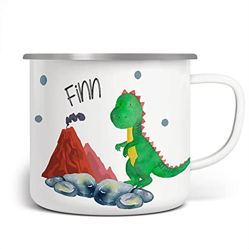 miKalino Emaille Tasse Jungs - Trinkbecher Kinder personalisiert - Emaille Becher mit Dinosaurier-Motiv - Kindertasse mit Namen - Kindertasse bedruckt - Emaille Becher Weiß