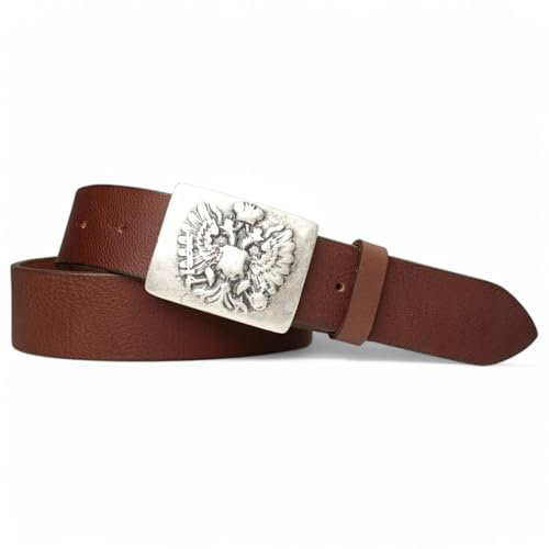 FRONHOFER Trachtengürtel Herren Ledergürtel Echtleder 4 cm, Gürtelschnalle Doppeladler Österreich Altsilber 7 x 5 cm, Lederhosen Gürtel Druckknopf, Bundweite 95-125 cm, Made in Germany