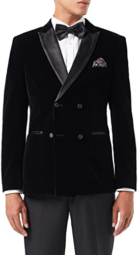 Men’s Velvet Double Breasted Tuxedo Suit Jacket Smoking Dinner Blazer Retro Classic Tailored Fit (52, Black)