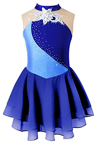iEFiEL Mädchen Eiskunstlauf Kleid Glitzer Ballettkleid Ärmellos Ballettanzug Ballett Trikot Body mit Strass Wettbewerb Kostüm Gymnastikanzug Yb Navy Blau 158-164