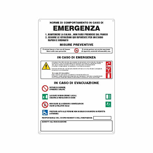 NEW CARTELLO SEGNALETICO - norme di comportamento in caso di emergenza MOD 2 - Adesivo Resistente, Pannello in Forex, Pannello In Alluminio (ADESIVO 20X31 CM)