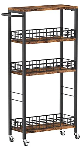 4 Tier schlanker Lagerwagen, schmaler Küchenwagen auf Rädern, Utility Rolling Cart mit Holztischtisch Mobile Regalseinheit Bad Aufbewahrungsorganisator Rolling Turm (Braun)