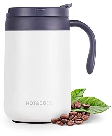 camako Insulated Coffee Mug with Lid, Double Wall Stainless Steel Thermal Mug for Cold & Hot Drinks, Stainless Steel Reusable Coffee Cup(White 500ML)