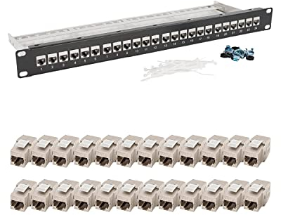 tsnetworks 24 Port Patchpanel 1HE 19 Zoll inkl. 24x Cat. 8.1 Keystone Modul RJ45 Buchse 40Gbits STP vollgeschirmt für AWG22-24 Verlegekabel Cat. 7a, Cat. 7, Cat. 6, Cat. 6a Netzwerk Patchfeld Set