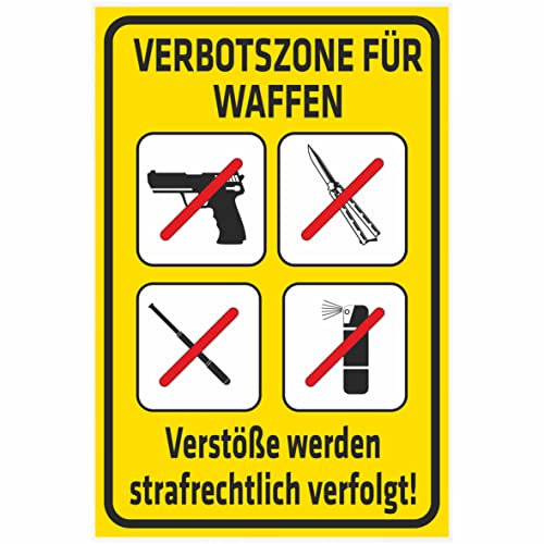 INDIGOS UG - Aluverbundplatte Schilder 3mm - Sicherheit - Waffen verboten - mit vier Verbotszeichen - mit Ihren Verordnungsangaben - 200x150 mm - Hotel, Firma, Schutz, KITA, Arzt, Praxis, Wohnung