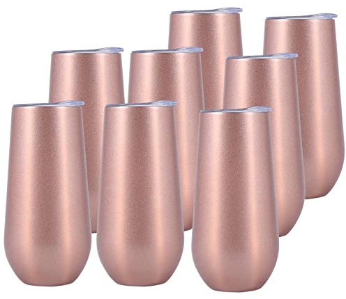 Pvczool 8 Packs Stemless Champagne Wine Tumbler, 6 OZ Double-Insulated Wine Tumbler with Lids Unbreakable Cocktail Cups