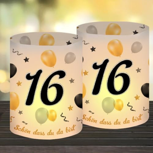 12 Windlicht Tischdeko 16 Geburtstag, Happy 16th Birthday Tischdekoration, Deko 16. Geburtstag Mädchen Junge, Geeignet für Teelichter oder Kerzen mit Schön DASS Du Da Bist