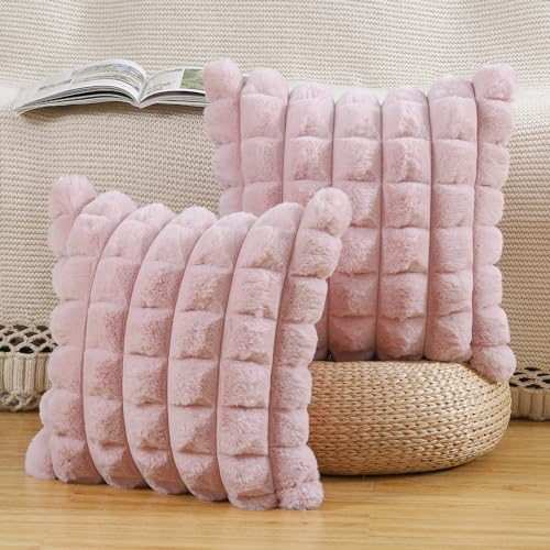 Madizz 2er Set Kunstpelz Plüsch Dekorative Kissenbezüge Gestreifte Weich Dekorative Kissenbezug für Sofa Schlafzimmer Kissen Shell Rosa 40 x 40 cm
