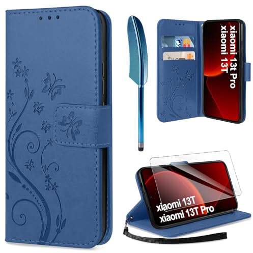AROYI Lederhülle Kompatibel mit Xiaomi 13T /13T Pro Hülle und Schutzfolie,Wallet Handyhülle Leder Tasche Kartensteckplätzen Schutzhülle Kompatibel mit Xiaomi 13T /13T Pro Dunkel Blau