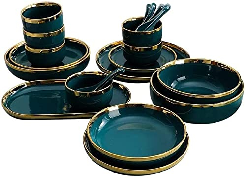 Piatti Ciotola Verde con Bordo Oro Servizio da tavola in ceramica, Servizio da tavola in ceramica Servizio da tavola in porcellana, Set da 18 pezzi Beauty Comes