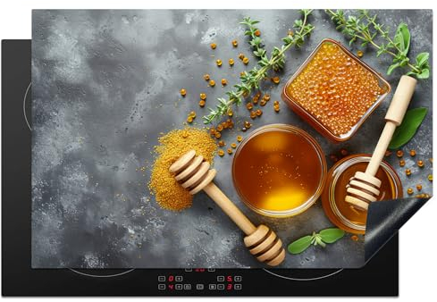 KitchenYeah© Coperchio Piano Cottura 80x52 cm Cucina Copri Fornelli Tappetino Induzione Antiscivolo Piastra Protezione Miele - Calcestruzzo - Cucchiaio di miele - Cucina