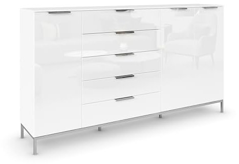 Rauch Möbel Flipp, Kombikommode, Kommode mit Stauraum für Wohnzimmer, Schlafzimmer, Flur, 4 Fachböden, Metallkufe und Griffe Chrom, Alpinweiß/Glasfront Weiß, 3-türig, 5 Schubkästen, 199x111x42cm