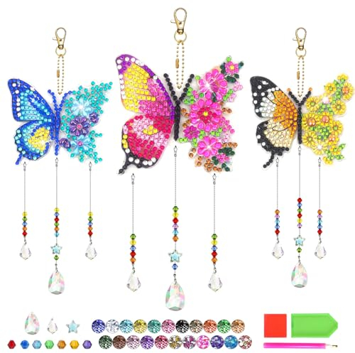 Liangding DIY Diamond Painting 3 Stück Sonnenfänger Kristall Schmetterling zum Aufhängen, Windspiel Bastelset Kinder für Fenster Gartendeko, Geschenk Mädchen ab 5-12 Jahre