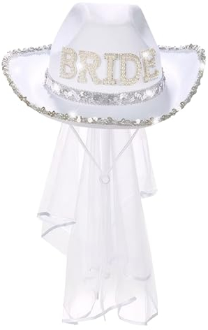 SMELEYOU Braut Cowgirl Hut mit Schleier Glitzer Braut Hut Cowgirl Hut mit verstellbarem Kinngurt Braut Weißer Cowboyhut für Junggesellenpartygeschenk