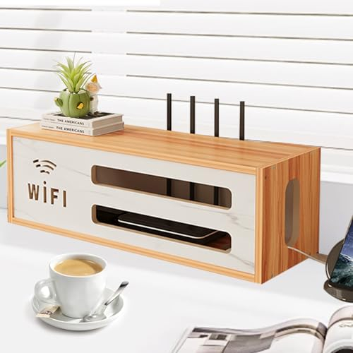 HZE Router Schrank, Holz Router Box, WiFi Router Verstecken, 2 Etagen Router Regal, Gelb Router Wandhalterung für WiFi-Router-Veranstalter