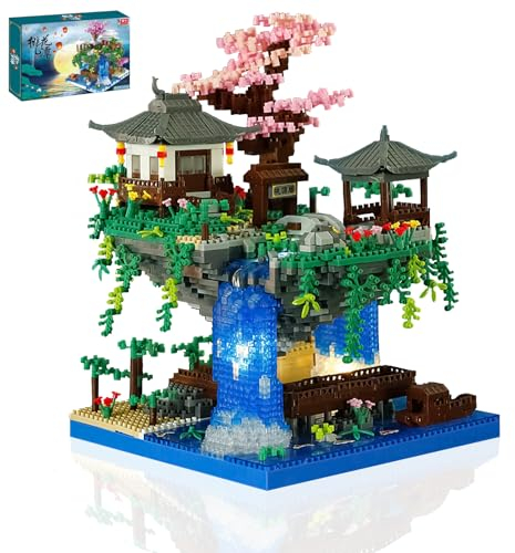 Billowvolve Pfirsichblüten Teich Architektur LED Mini Baustein Garten Micro Bausteine mit 3320 Teile Klemmbausteine Pflanzen Architecture Geschenk für Erwachsene oder Jugendliche (Style 2)
