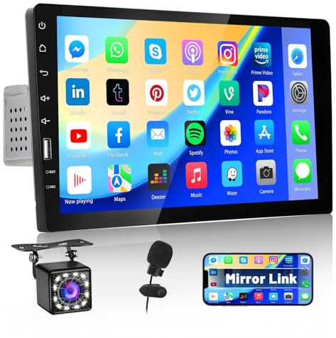 Inefala Pantalla Radio Coche 1 DIN con Bluetooth, Pantalla Táctil de 9 Pulgadas con Mirror Link, FM/SWC/EQ, Carga de Teléfono USB, Cámara de Visión Trasera