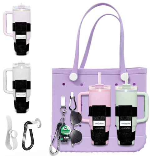 MISHANIER 2 Packs Bogg Bag Cup Holder for Stanley/Owala/Yeti with 2 Hooks, Cup Holder Fits 16-40oz, Adjustable Bogg Bag Cup Holder Accessories Compatible with All Bogg Bag and Simple Modern Beach Tote