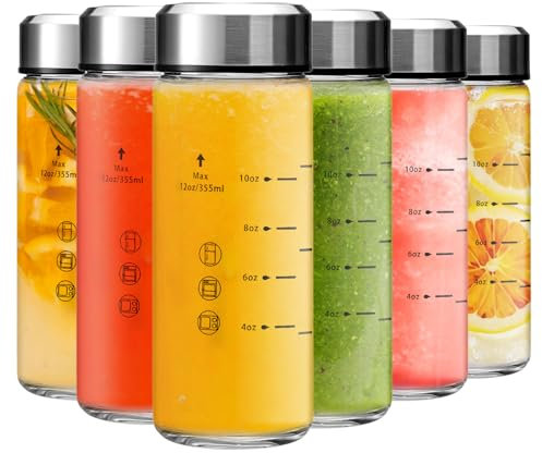 Olivego Glas-Saftflaschen, 340 ml, breite Öffnung, Glasflaschen mit Deckel, BPA-frei, Edelstahl-Deckel zum Entsaften, Smoothies, Infused Water, Getränkeaufbewahrung, auslaufsicher, Borosilikat,