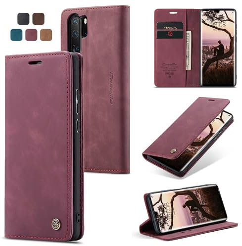 owlhold Funda para Huawei P30 Pro,Funda Avanzado PU Piel [Tarjetas y Billetera][Soporte Plegable][Cierre Magnético] Antigolpes Libro Case Carcasa para Huawei P30 Pro-Vino Rojo