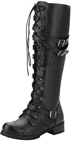 Stivali sopra il ginocchio, da donna, con lacci, stivali da equitazione, in pelle, da donna, gotico, western, Nero , 35