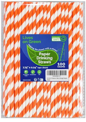 Lives on Green Lot de 100 pailles en papier compostables, 19,7 cm, à rayures, orange/blanc, pour cocktails, jus, café, bars, restaurants