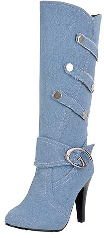 Scarpe da donna oversize Autunno e Inverno Nuovo Tessuto Denim Spessi Tacchi Alti Fibbia Cintura Stivali Alti Stivali Lunghi per Bambini Stivali Alti Stivali Stivali Alti, Azzurro, 40 EU