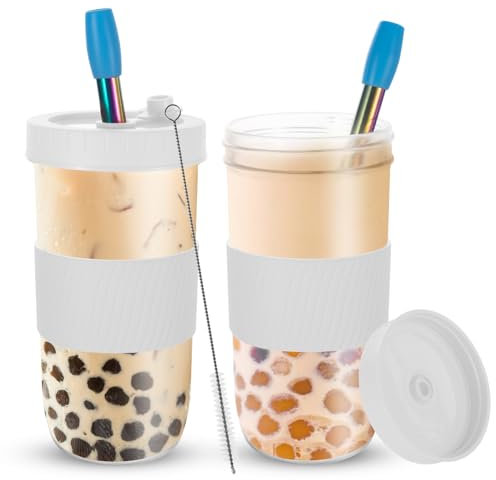 Esilihom 2 Pack Reusable Bubble Tea Cup, 730ml/24oz Bubble Tea Cup with Straw and Lids, Wide Mouth Leakproof for Smoothie Boba Ice Coffee Drinks(White)
