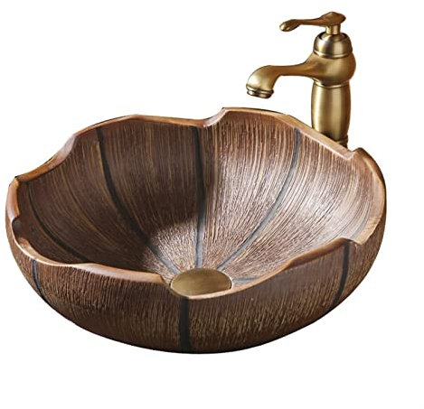 RKVXCJHDR Badezimmerwaschbecken Badezimmer Schiffswaschbecken Retro Country Keramikkunstbecken Rundes Schüssel Badezimmer Waschtisch Waschbecken mit Wasserhahn Kombination Aufsatzwaschbecken