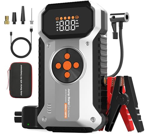 Aide au démarrage avec compresseur d'air 150 PSI, aide au démarrage de voiture 4000 A (jusqu'à toutes les essence, 8 L diesel), batterie externe portable avec écran LCD, lampe de poche LED