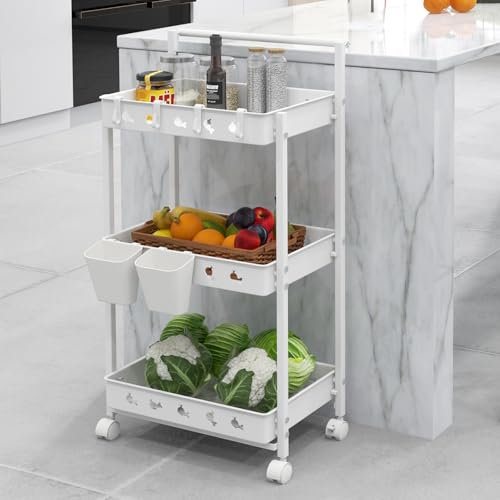GIANTEX Servierwagen mit Rollen, Küchenwagen Rollwagen 3 Etagen, Bastelwagen mit 2 Hängebechern & 4 Haken, Aufbewahrungswagen Bücherwagen Weiß, Mehrzweckwagen mit Griff für Küche Badezimmer Büro