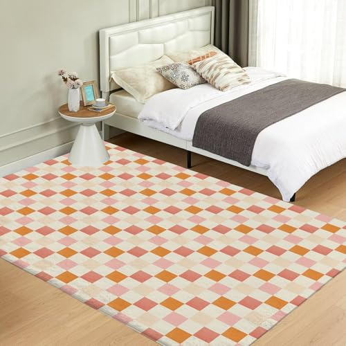 Waschbarer Wohnzimmerteppich groß 150 x 210 cm Teppich mit Karomuster für das Wohnzimmer Teppich für das Schlafzimmer rutschfester Schlafzimmerteppich orange kariert Teppich für den Innenbereich