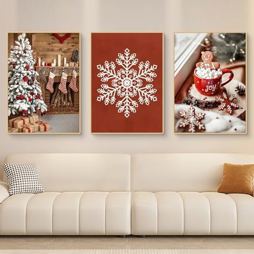 Uixxducc 3er Weihnachts-Poster Set, Winter Bilder, Elch, Holzhaus, Wald Wandkunst Wandbilder Modern Wanddeko für Wohnkultur, Ohne Rahmen (B,50x70cm)