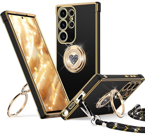 XYZ Funda para Samsung Galaxy S25 Ultra, con Soporte de Anillo de Doble Corazón, con Cordón para Niñas y Mujeres, Funda Protectora de Lujo Linda y Brillante para Samsung S25 Ultra, Negro