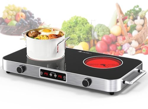 GTKZW Plaque Vitrocéramique 2 Feux 2200W, Plaque de Cuisson Électrique 48 cm avec 9 Températures et Niveaux de Puissance & Minuterie - Réchaud Électrique Portable Pour Camping-car, Chambre, Randonnée