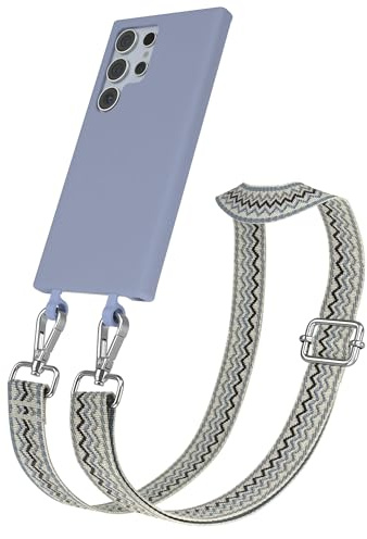 EAZY CASE - Hülle mit Band kompatibel mit Galaxy S24 Ultra Handyhülle für Galaxy S24 Ultra Schutzhülle Silikonhülle mit Handykette zum Umhängen 2in1 Hülle Handykordel Wellen - Beige Blau Metall Silber