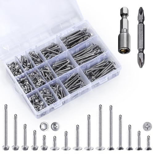 Yuecinoow 440 Pcs 410 Stainless Steel Sheet Metal Self-Tapping Screws Combination Set with Flat Head, Large Flat Head and Hexagon Head Screws 8# Length 1/2” to 2”（Silver）