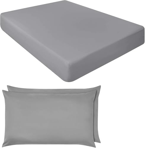 Extra Deep Fitted Sheets 16/40CM Deep Luxury Percale in 15 Colours (Silver, Double + Pillowcase Pair)