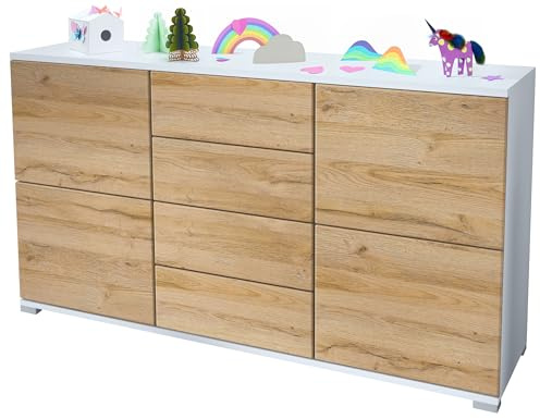 Vladon Sideboard Rova V1, Kommode mit 4 Türen und 4 Schubladen, Weiß matt/Eiche Natur (138,5 x 75,5 x 35)
