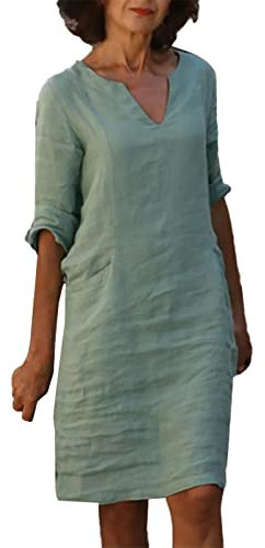Robe Droite Femme Sexy Coton et Lin Mi-Longue Col en V Couleurs Unies Ample Décontractées Grande Taille Simple Élégant Chic Classique de Base Dress pour à la Plage