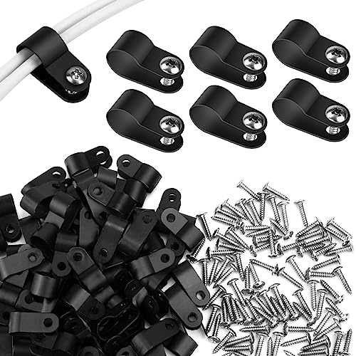 Aroidful 100pcs 1/2 Inch R-Type Wire Clips, Black | Nylon Rope Light Mounting Clips, Stainless Steel Screws, for Indoor Outdoor Electrical Wire Clamp Organization