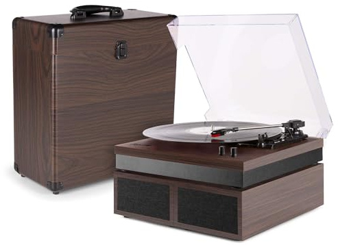 Fenton RP165D Bluetooth Plattenspieler mit Lautsprecher – Retro Schallplattenspieler Dunkelbraun inkl. Plattenkoffer für Vinyl – Record Player mit Vorverstärker, 100W & Auto-Stop – Dunkel Holz