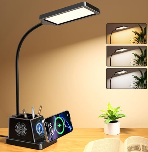 Lampe de Chevet LED 15W avec Charge Sans Fil, Tactile, Col de Cygne à 360°, Minuterie 60M, Mémorisation, 3 Modes de Couleur, 4 Niveaux de Luminosité, pour Enfants/Chambres à Coucher/Bureaux (Noir)