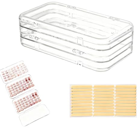 Tri-Fold Press On Nail Storage Container, Press On Nail Packaging Case | 4 Pages Clear Nail Organizer with 30 Adhesive Double Sided Tapes Plastic Display Box Salon Supplies for Home & Travel Use
