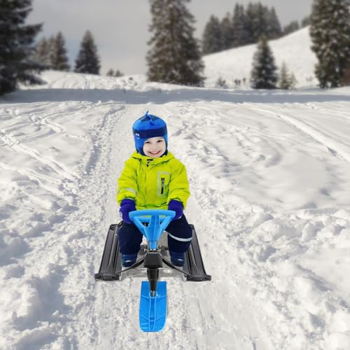 Schlitten mit Bremse Lenkschlitten für Kinder & Erwachsene 100kg Tragkraft Snow Kart mit Lenkrad, Rutschfestem Pedal, PU-Sitz Rennrodel Lenkbarer Rodel Winter Spielzeug Geschenk