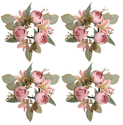 Xiyocadt 4 Stück Kerzenkränze Ringe,Künstliche Pfingstrose Blumenkerzenringe,Dekorativer Tischkranz, Frühlings-Sommer Kranz, Für Esstischdekoration,Haustür Tür Wand Fenster Dekoration (Rosa 4)