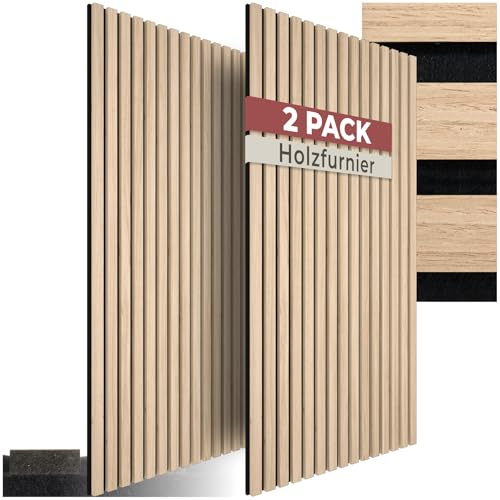 tectake® Akustikpaneele Echtholzfurnier 2er Set, effektiver Schallschutz, MDF Holzlamellen, Schalldämpfer, Schalldämmplatten, Schallschutzpaneele, Schallabsorber, Akustikplatten - Eiche hell