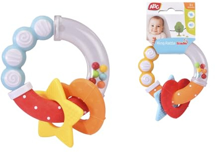 Simba ABC Ringrassel – Baby Greifling mit Rasselgeräusch, 2-fach sortiert, zufällige Farbauswahl, motorikförderndes Babyspielzeug, bunt, ab 3 Monaten
